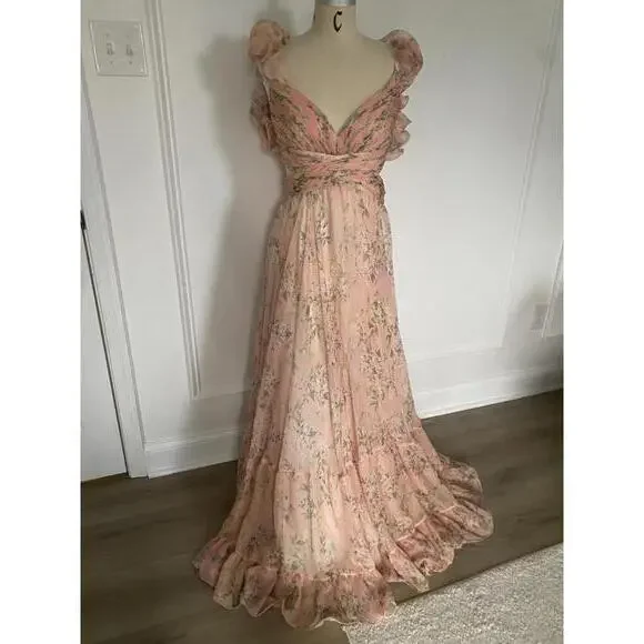 Mac Duggal - Women’s Tiered Pink Floral Chiffon Gown, cutout back, size 10 - Picture 4 of 13